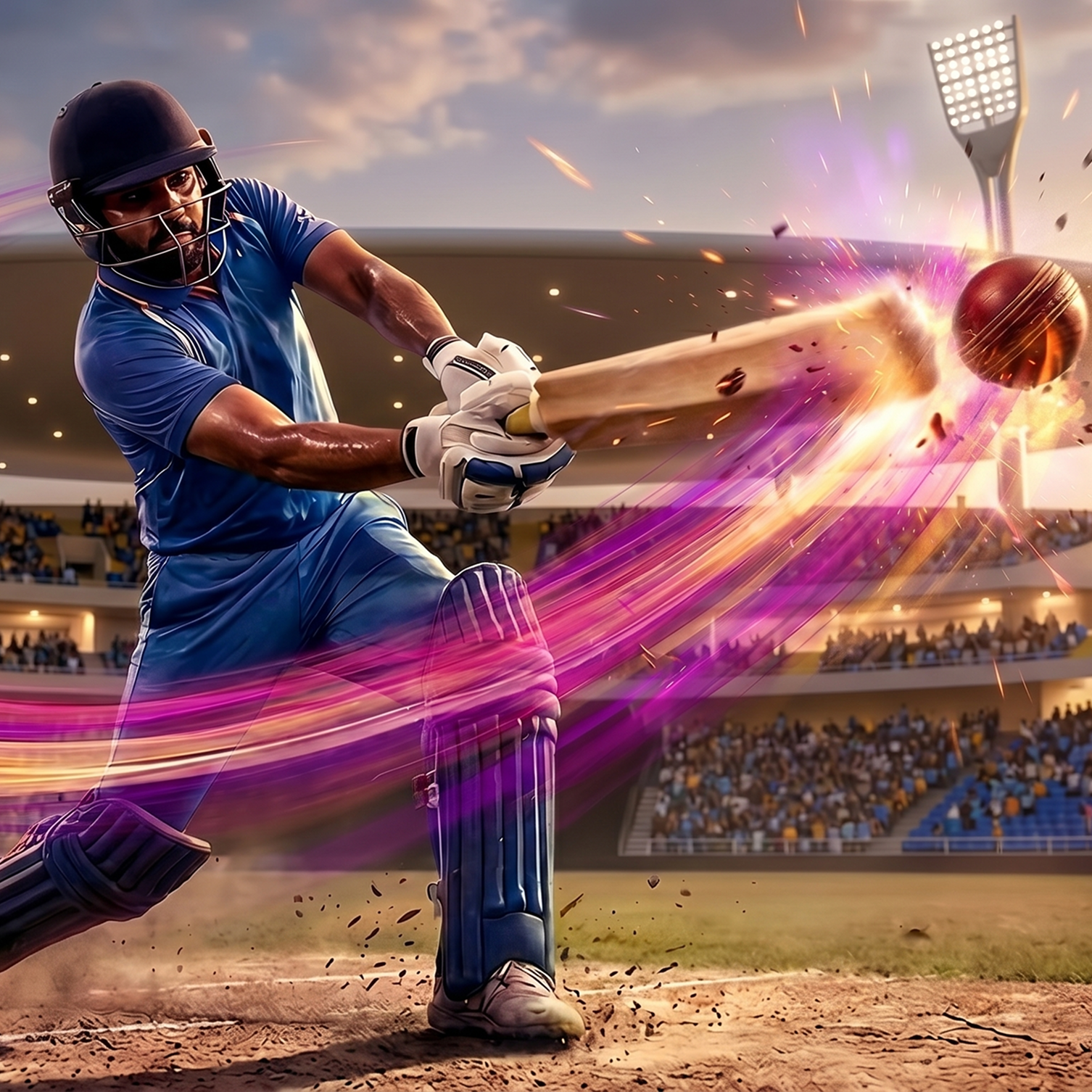 A cricket player hitting a cricket ball