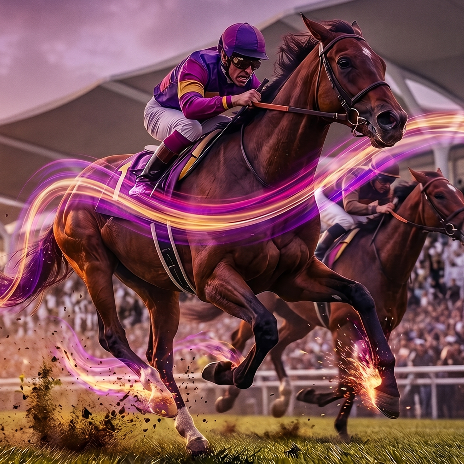Two racehorses racing to the finish line
